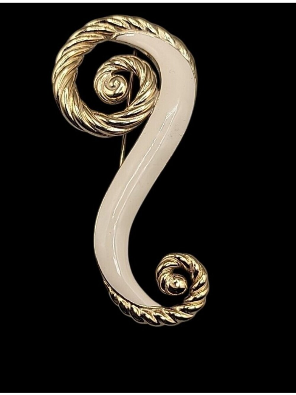 Trifari Large Brooch Twisted Gold Tone & Creme Enamel Swirl Pin